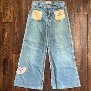 KIDS Fox Jeans Wide Leg Light Wash Denim with Pink Butterfly Patch